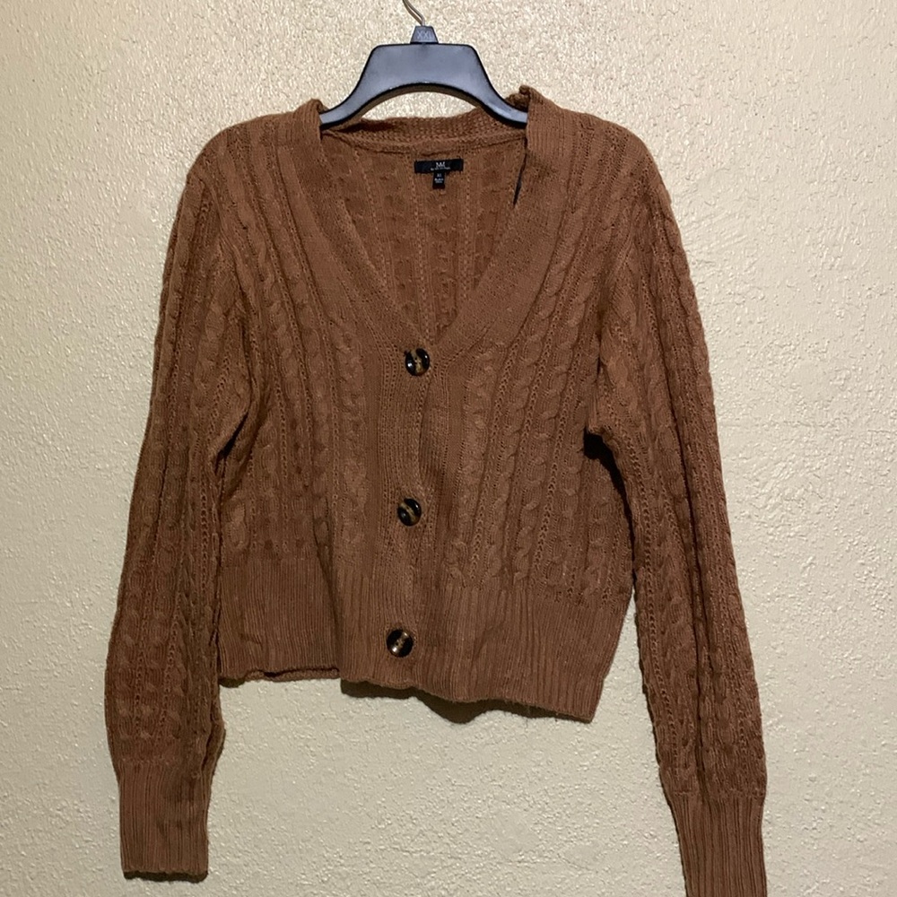 MM My Michelle Sweater Cardigan XL Brown Stretchy Cable Knit Short Cropped